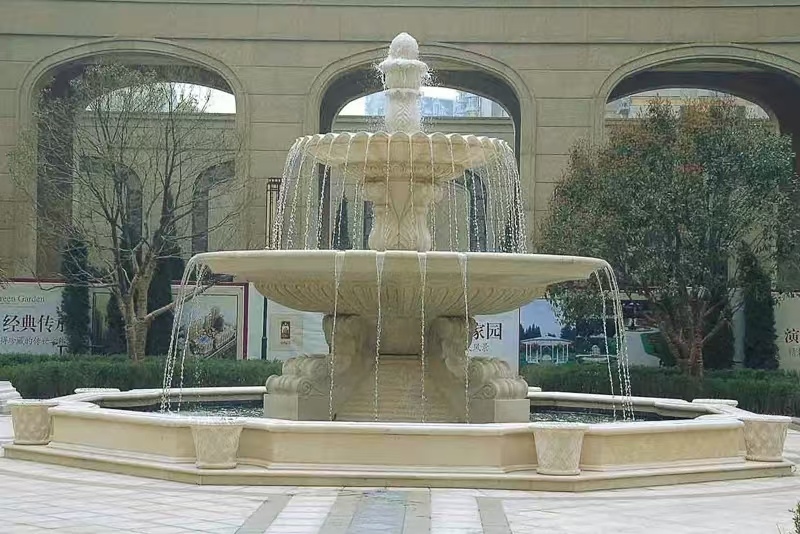 运城 黄金麻花岗岩异型加工——户外庭院石雕流水喷泉